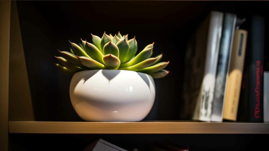 a small succulent on a bookshelf